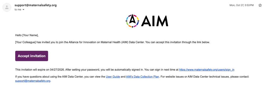 Screenshot of an invitation email from the Alliance for Innovation on Maternal Health (AIM) Data Center with an 