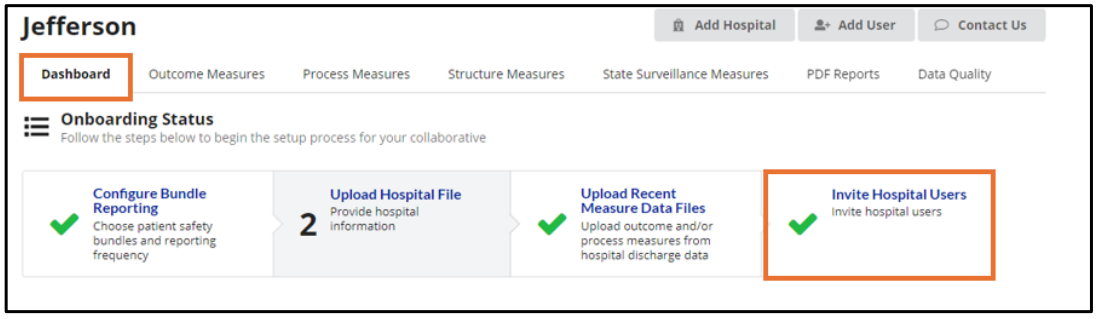A screenshot of the Jefferson Dashboard showing the Onboarding Status section. Orange boxes highlight the primary 