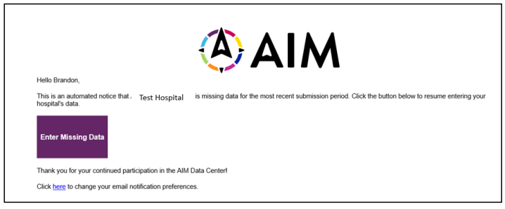 An automated email notification from the AIM Data Center. The message informs a user that 