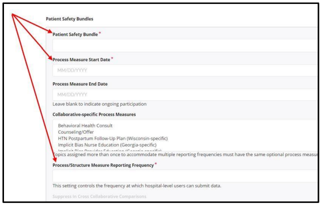 A form showing required fields marked with red asterisks. Red arrows point to the 