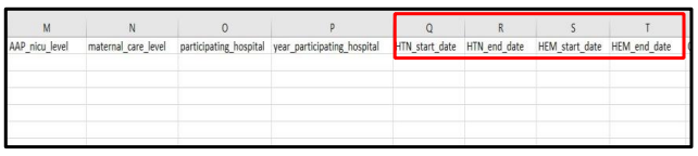A red box highlights columns Q through T in an Excel sheet. The headers are: HTN_start_date, HTN_end_date, HEM_start_date, and HEM_end_date.