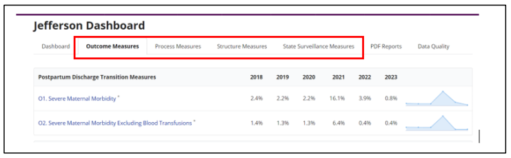 The top portion of the Jefferson Dashboard showing a horizontal list of navigation tabs. A red box highlights the primary measure tabs: Outcome Measures, Process Measures, Structure Measures, and State Surveillance Measures.