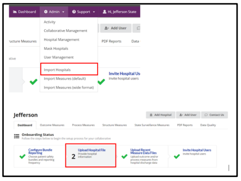 A composite screenshot showing two ways to navigate to hospital imports. The top half shows the 